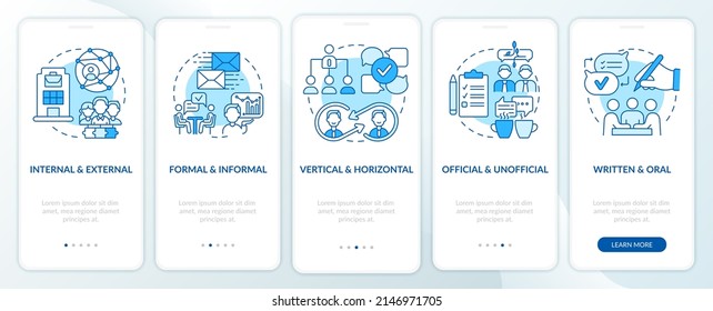pantalla de aplicación móvil azul de administración de comunicaciones de proyectos. Recorrido 5 pasos de páginas de instrucciones gráficas con conceptos lineales. UI, UX, plantilla GUI. Multitud de tipos de letra Pro-Bold, con uso regular