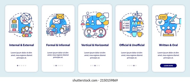 Project communication management onboarding mobile app screen. Walkthrough 5 steps graphic instructions pages with linear concepts. UI, UX, GUI template. Myriad Pro-Bold, Regular fonts used