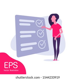 Project Completed. Woman with a checklist and to do list. Project management, planning and account management of the concept of completed tasks. Flat Vector Illustration