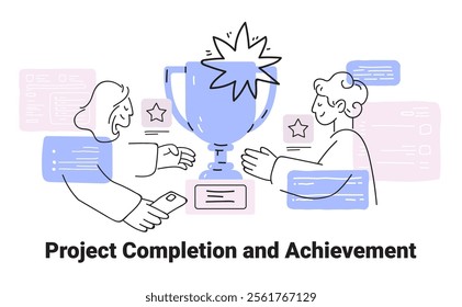 Project completion and achievement concept featuring two people celebrating with a trophy surrounded by stars in a minimalist sketch style