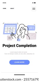 Project completion concept with person checking calendar and charts in minimalist doodle style mobile app screen