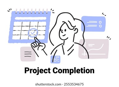 Project completion concept with person pointing at calendar surrounded by charts and graphs in a minimalist sketch style