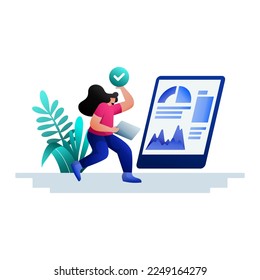 Project Completion Flat Illustration gradient blue. finance management business concept. female character is completing a work assignment. suitable for mobile app web landing pages. vectors