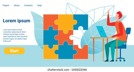 Project Completion Flat Landing Page Template. Jigsaw Puzzle with Missing Piece. Manager, Creative Employee with Raised Index Finger Having Idea. Cartoon Office Worker Suggesting Final Plan