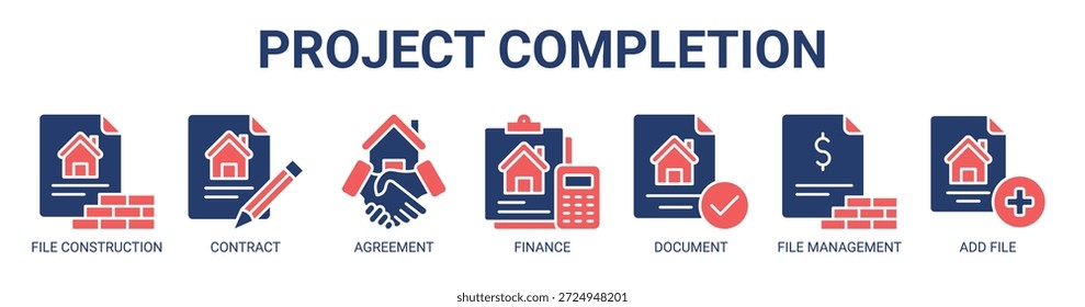 Project Completion web banner icon vector illustration concept for business with icon of file construction, contract, agreement, finance, document, file management, add file.