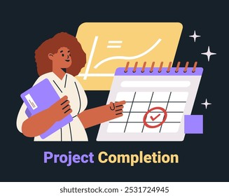 Project completion woman holding documents calendar chart dark background business concept website mobile application screen