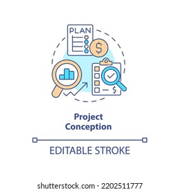 Project conception concept icon. Analysis of profitability. Real estate development abstract idea thin line illustration. Isolated outline drawing. Editable stroke. Arial, Myriad Pro-Bold fonts used
