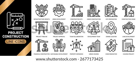 Project construction icon set collection in outline style. an icon pack containing icons of crane, blueprint planning, construction site, home renovation, urban development and more.