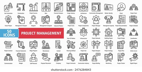 Project construction management icon collection set vector illustration. Containing subcontractor, design, success, boss, financial analysis, image industry, architecture icon. Simple line vector.