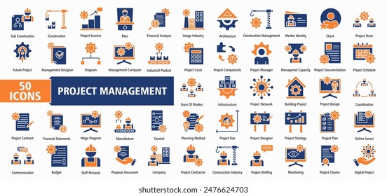 Project construction management icon collection set vector illustration. Containing subcontractor, design, success, boss, financial analysis, image industry, architecture icon. Simple line vector.