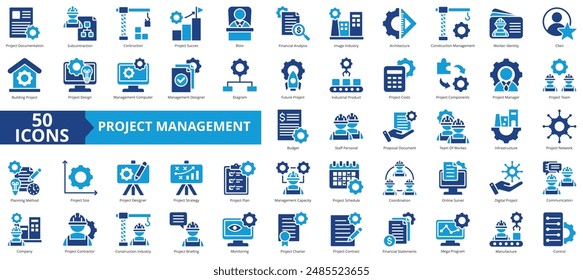 Conjunto de colecciones de iconos de administración de proyectos. Contiene subcontratista, diseño, éxito, jefe, análisis financiero, industria de la Imagen, icono de la arquitectura. Sencillo Vector plano.