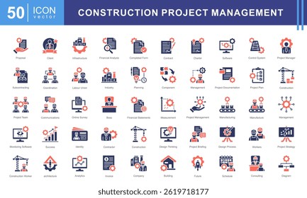 Conjunto de colecciones de iconos de Project Construction Management. Contiene subcontratista, diseño, éxito, jefe, análisis financiero, industria de la Imagen, ícono de arquitectura. Ilustración de Vectores simples.