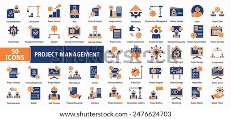 Project construction management icon collection set vector illustration. Containing subcontractor, design, success, boss, financial analysis, image industry, architecture icon. Simple line vector.