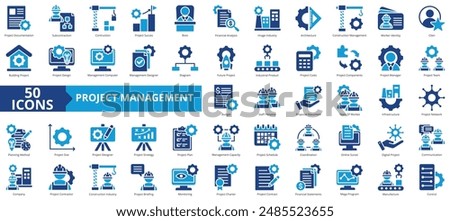 Project construction management icon collection set. Containing subcontractor, design, success, boss, financial analysis, image industry, architecture icon. Simple flat vector.