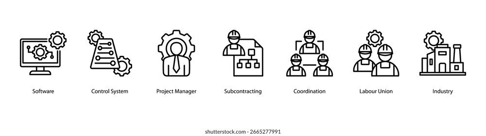 Project Coordination web banner icon vector illustration featuring Software, Control System, Project Manager, Subcontracting, Coordination, Labour Union, and Industry.