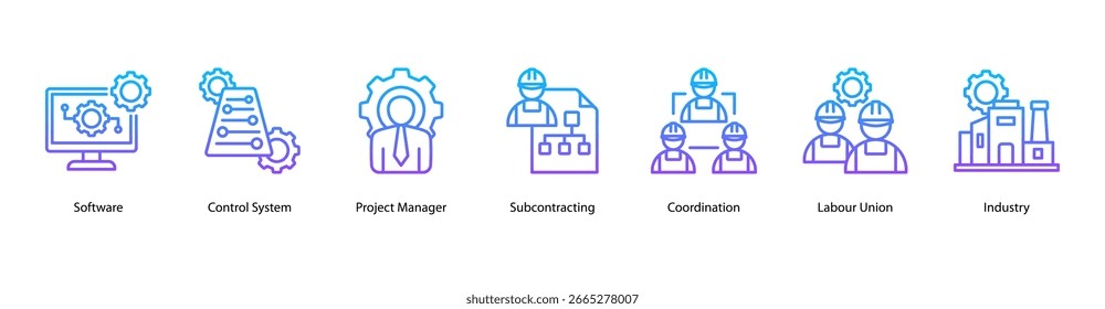 Project Coordination web banner icon vector illustration featuring Software, Control System, Project Manager, Subcontracting, Coordination, Labour Union, and Industry.