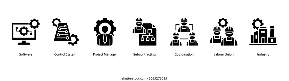 Project Coordination web banner icon vector illustration featuring Software, Control System, Project Manager, Subcontracting, Coordination, Labour Union, and Industry.