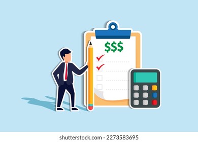 Project cost estimation, calculate budget or resources to finish work, financial plan, invoice or tax, expense or loan concept, businessman with calculator estimate cost from project document.