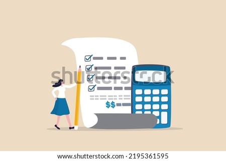 Project cost estimation, calculate budget or resources to finish work, financial plan, invoice or tax, expense or loan concept, businesswoman with calculator estimate cost from project document.