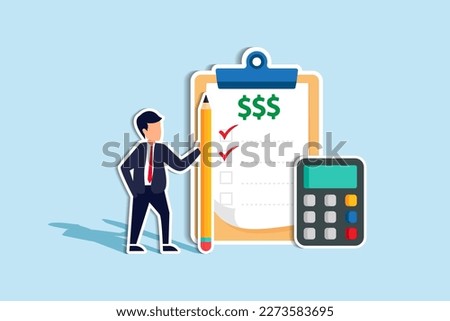 Project cost estimation, calculate budget or resources to finish work, financial plan, invoice or tax, expense or loan concept, businessman with calculator estimate cost from project document.