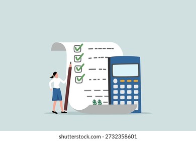 Estimación del costo del proyecto, cálculo del presupuesto, Plan financiero, Factura o impuesto, concepto de gasto o préstamo, empresaria con calculadora estima el costo a partir de documentos del proyecto.