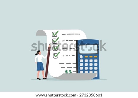Project cost estimation, calculating budget, financial plan, invoice or tax, expense or loan concept, businesswoman with calculator estimates cost from project documents.