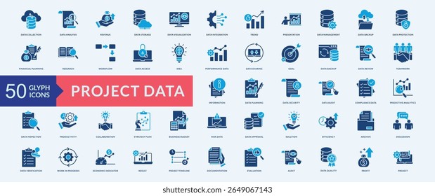 Project data icon collection set with data collection,data analysis, financial planning, predictive analytics, strategy plan

