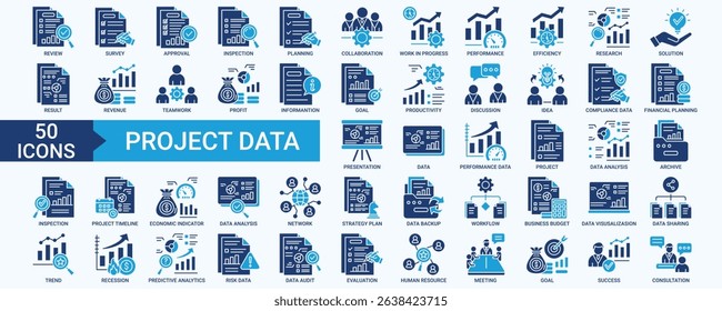 Project Data icon set with review, survey, approval, inspection, collaboration, work in progress, performance, efficiency, research, solution