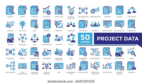 Ícone de dados do projeto coleção sólida de dois conjuntos de cores. Esse conjunto inclui apresentação, análise de dados, inspeção, trabalho em andamento, plano de estratégia e mais ícones em estilo sólido. Coleção de ícones para infográficos