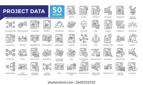 Coleção de conjuntos de ícones da linha de dados do projeto. Esse conjunto inclui apresentação, análise de dados, inspeção, trabalho em andamento, plano de estratégia e mais ícones em estilo linear. Coleção de ícones para infográficos