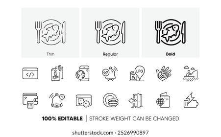 Fecha límite del proyecto, pesca en barco e iconos de línea de platos. Paquete de gasolinera, Internet móvil, icono de script Seo. Pasaporte de viaje, billetera, pictograma de información adjunto. Recordatorio, Mariscos, Entrada. Vector