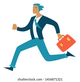 Project deadline and business work hurry businessman running vector movement office work and time management schedule, stress and haste entrepreneur in suit with briefcase working problem or delay.