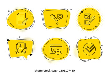 Project deadline, Checkbox and Verify signs. Chat bubbles. Article, Algorithm and Chemistry pipette line icons set. Feedback, Project, Laboratory. Time management. Education set. Vector