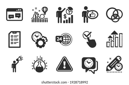 Plazo límite del proyecto, experimento de química y conjunto simple de iconos de gráficos de análisis. Casilla de verificación, diagrama de Euler y signos de reloj. Administración de tiempo, Lista de verificación y símbolos similares. Juego de iconos planos. Vector
