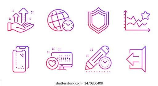 Project deadline, Heart and Ranking stars line icons set. Security, Smartphone glass and Time zone signs. Analysis graph, Sign out symbols. Time management, Social media. Technology set. Vector