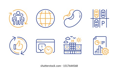 Project deadline, Hotel and Refresh like line icons set. Parking place, Beans and Teamwork signs. Globe, Report symbols. Time management, Travel. Business set. Line project deadline icon. Vector