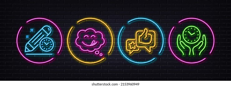 Project deadline, Like and Yummy smile minimal line icons. Neon laser 3d lights. Safe time icons. For web, application, printing. Time management, Star rating, Comic chat. Hold clock. Vector