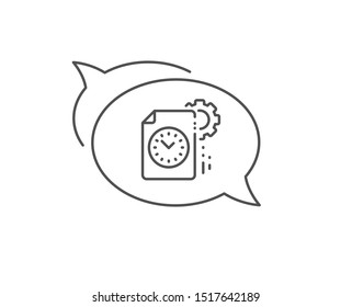 Project deadline line icon. Chat bubble design. Time management sign. File with gear symbol. Outline concept. Thin line project deadline icon. Vector