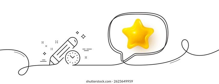 Project deadline line icon. Continuous line with 3d star. Time management sign. Clock symbol. 3d star in speech bubble. Project deadline single line ribbon. Loop curve pattern. Vector