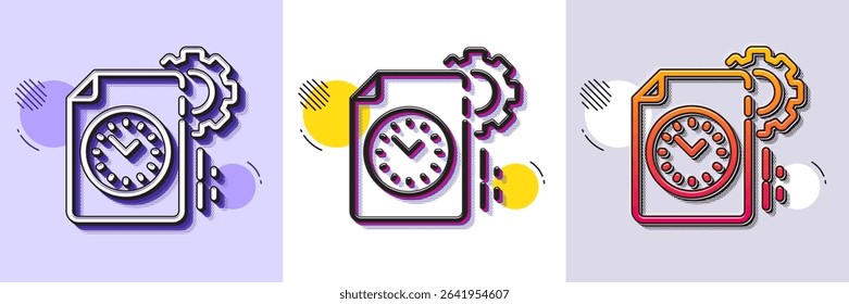 Project deadline line icon. Halftone dotted pattern. Gradient icon with grain shadow. Time management sign. File with gear symbol. Line project deadline icon. Various designs. Vector