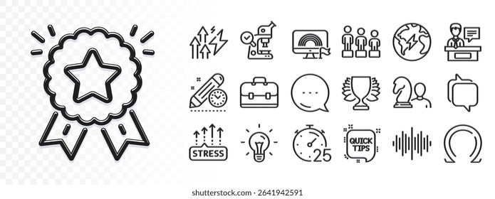 Project deadline, Messenger and Idea line icons for web app. Glare of light effect. Message icon. Pack of Lgbt, Quick tips, Chess pictogram icons. Equality, Timer, Stress grows signs. Vector
