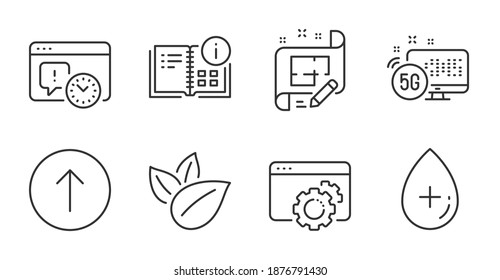 Project deadline, Oil serum and Organic product line icons set. 5g internet, Swipe up and Architect plan signs. Instruction info, Seo gear symbols. Time management, Cosmetic care, Leaves. Vector