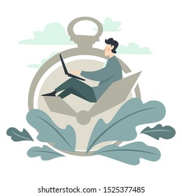 Project Deadline. Person In Suit Working On Laptop, Sitting On Clock Arrows, Side View. Big Pocket Watch Icon For Time Management Concept. Career And Schedule. Vector Illustration, White Background.