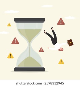 Project deadline, running out of time. Businesswoman falling down from hourglass. Unhappy worker woman fall quickly from giant sandglass. problems, deadline, poor time management and bad work. vector