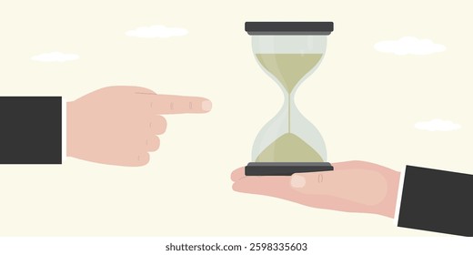 Project deadline, running out of time. Businessman hands holding and pointing hourglass. Sandglass with sand going, running. Problems, deadline, poor time management and workflow. vector illustration