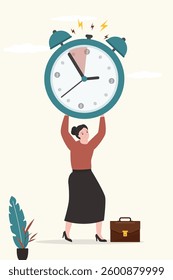 Project deadline, running out of time. Businesswoman carry alarm clock. Unhappy worker with deadline and emotional pressure, heavy burden. problems, poor time management and bad work. flat vector