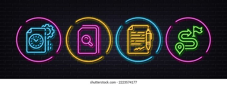 Project deadline, Search files and Agreement document minimal line icons. Neon laser 3d lights. Journey icons. For web, application, printing. Time management, Magnifying glass, Legal contract. Vector