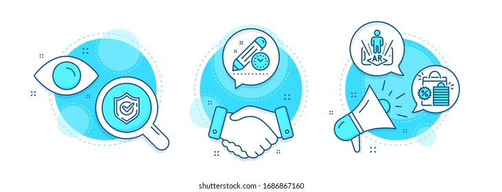 Project deadline, Shopping bags and Augmented reality line icons set. Handshake deal, research and promotion complex icons. Confirmed sign. Time management, Sale discount, Phone simulation. Vector