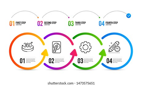 Project deadline sign. Infographics timeline. Recovery gear, Hdd and 360 degrees line icons set. Backup info, Memory disk, Full rotation. Time management. Science set. Recovery gear icon. Vector