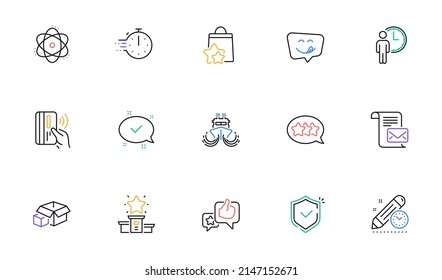 Project deadline, Stars and Approved line icons for website, printing. Collection of Contactless payment, Shield, Loyalty points icons. Yummy smile, Mail letter, Packing boxes web elements. Vector